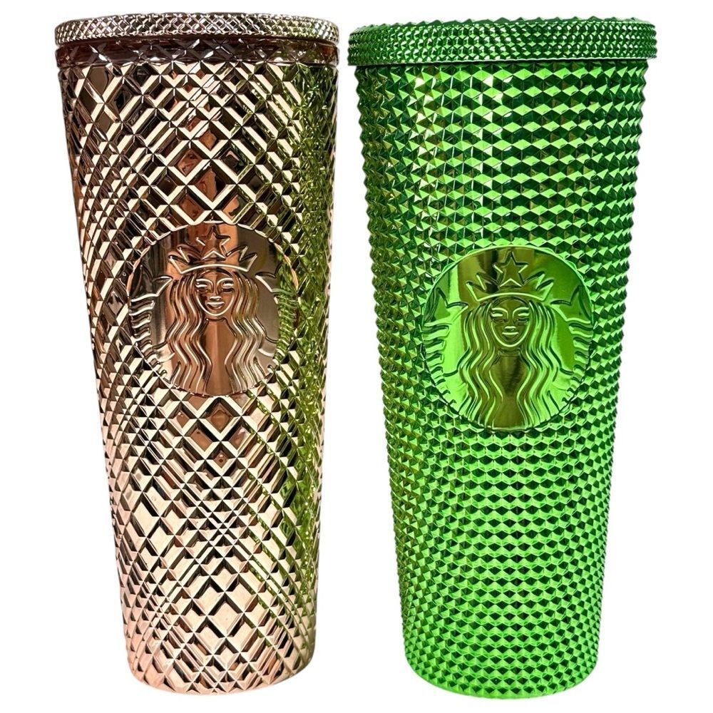 Starbucks 2 Studded Tumbler Cold Cup 24oz Rose Gold And Metallic Green. NO STRAW